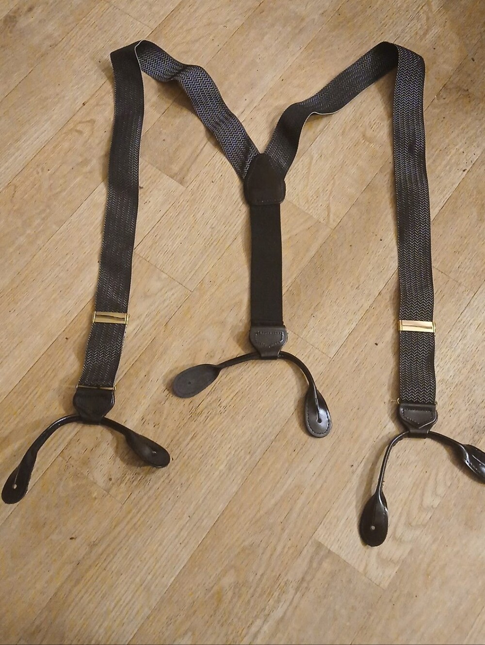 Vintage Black/Grey Herringbone Button On Y Back Made In England Suspenders